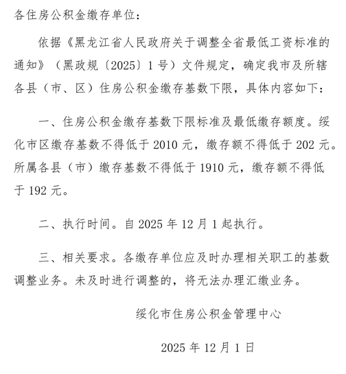 关于调整绥化市住房公积金缴存基数下限的通知